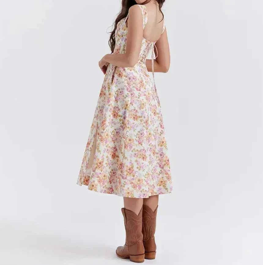 Women's Floral Print Midi Dress – Corset Style – Breathable Fabric – Split Design – Wide Straps