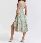 Women's Floral Print Midi Dress – Corset Style – Breathable Fabric – Split Design – Wide Straps