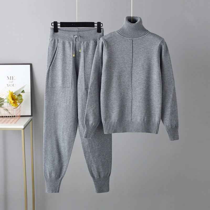 Cotton Turtleneck Relaxed Drawstring Cream Winter Ribbed Trim Gray