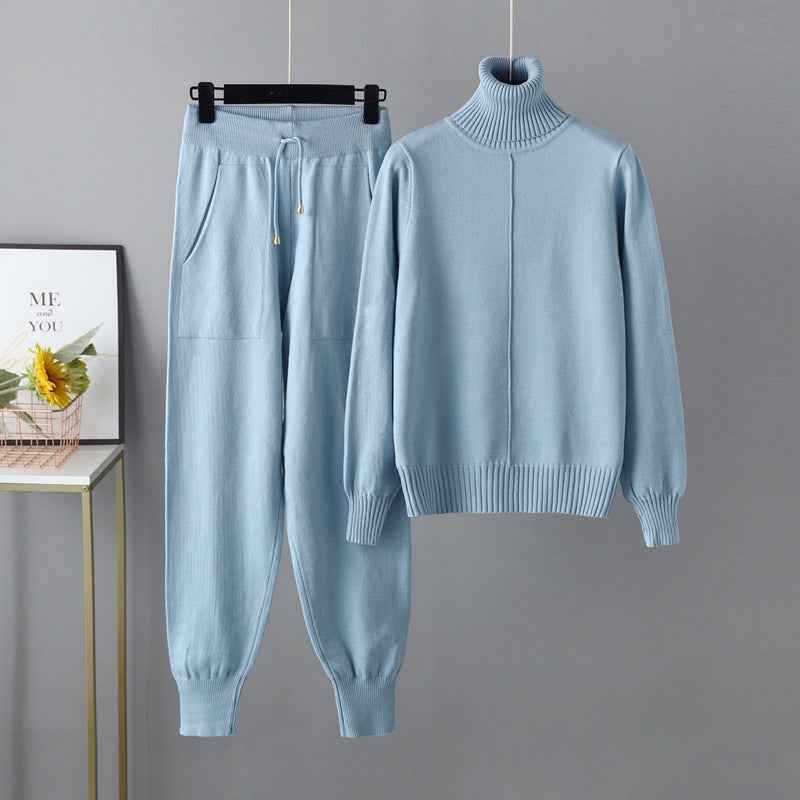 Cotton Turtleneck Relaxed Drawstring Cream Winter Ribbed Trim Sky Blue