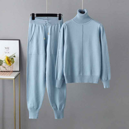 Cotton Turtleneck Relaxed Drawstring Cream Winter Ribbed Trim Sky Blue