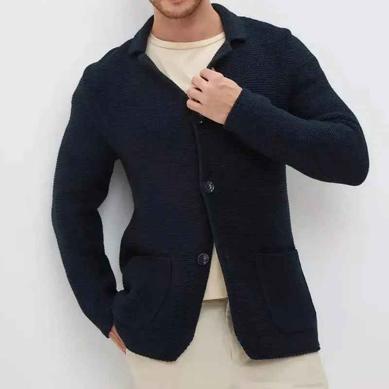 Men's Regular Fit Cardigan with Button Front and Patch Pockets Blue