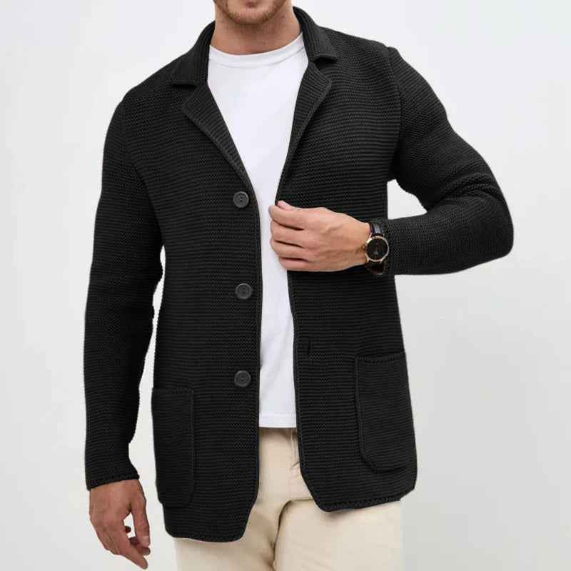 Men's Regular Fit Cardigan with Button Front and Patch Pockets Black