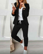 Women's Tailored Blazer and Jogger Pants Set – Casual Chic Style Black