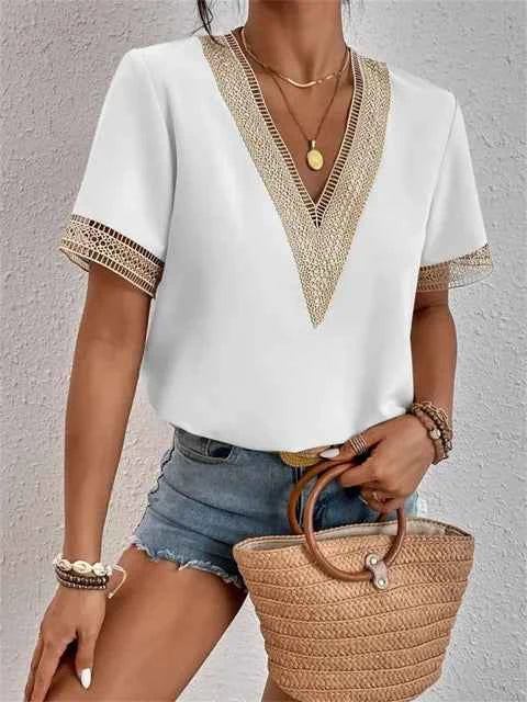 Women's V-Neck Blouse with Embroidered Short Sleeves White