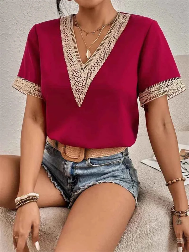 Women's V-Neck Blouse with Embroidered Short Sleeves Red