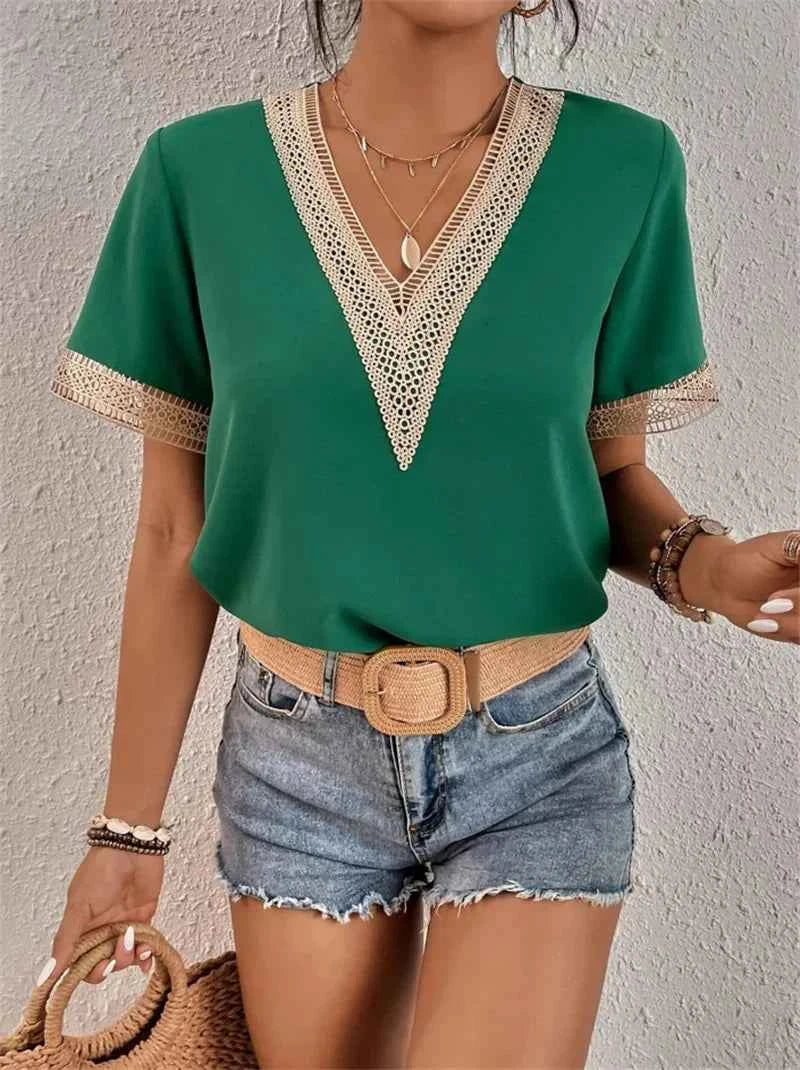 Women's V-Neck Blouse with Embroidered Short Sleeves Green