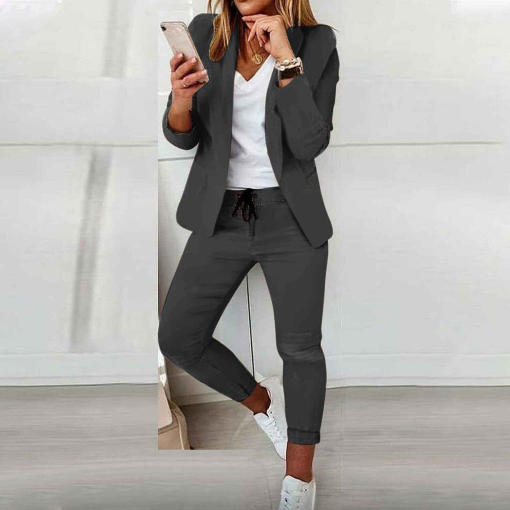 Women's Tailored Blazer and Jogger Pants Set – Casual Chic Style Grey