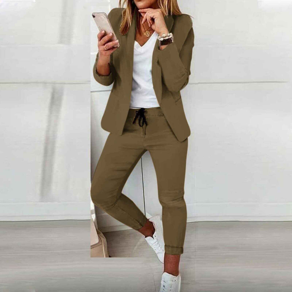 Women's Tailored Blazer and Jogger Pants Set – Casual Chic Style Khaki