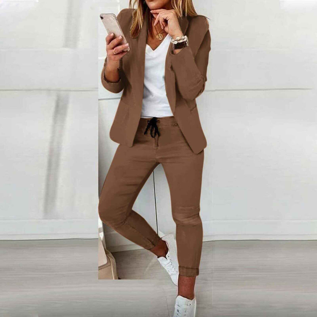 Women's Tailored Blazer and Jogger Pants Set – Casual Chic Style Brown