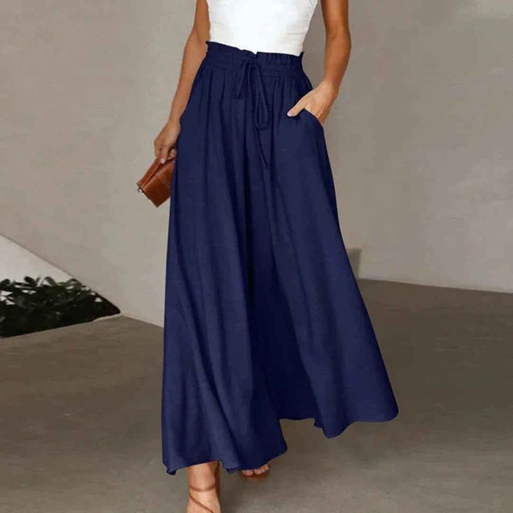 Women's High Waist Wide Leg Pants with Elastic Drawstring - Comfortable Fit Dark Blue