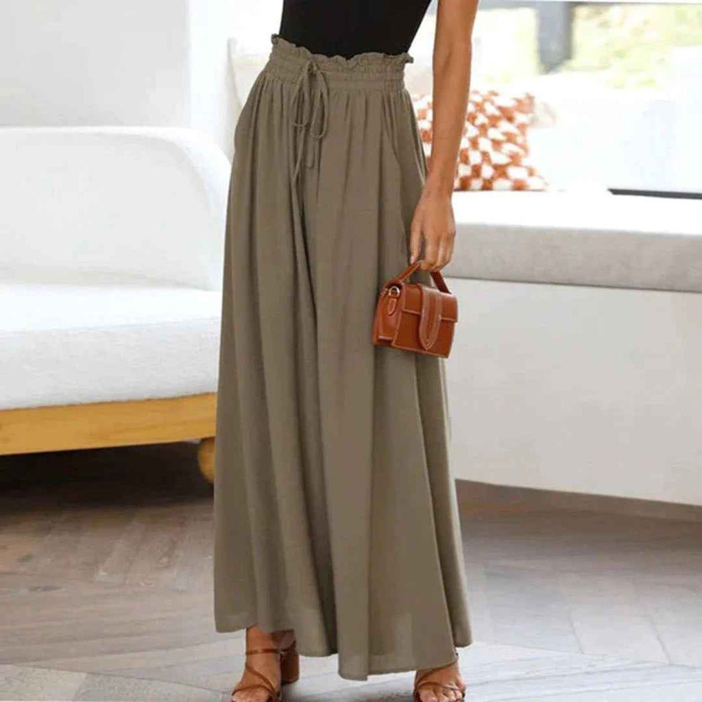 Women's High Waist Wide Leg Pants with Elastic Drawstring - Comfortable Fit Green