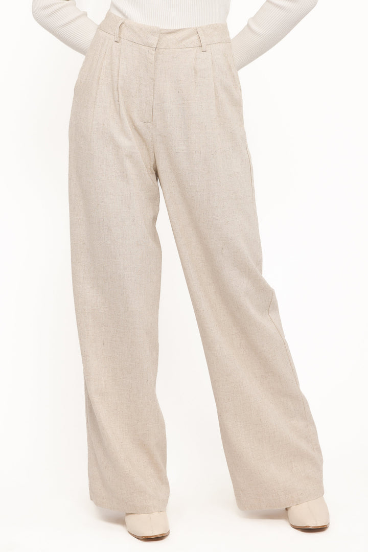 Women's High-Rise Pleated Beige Linen Pants