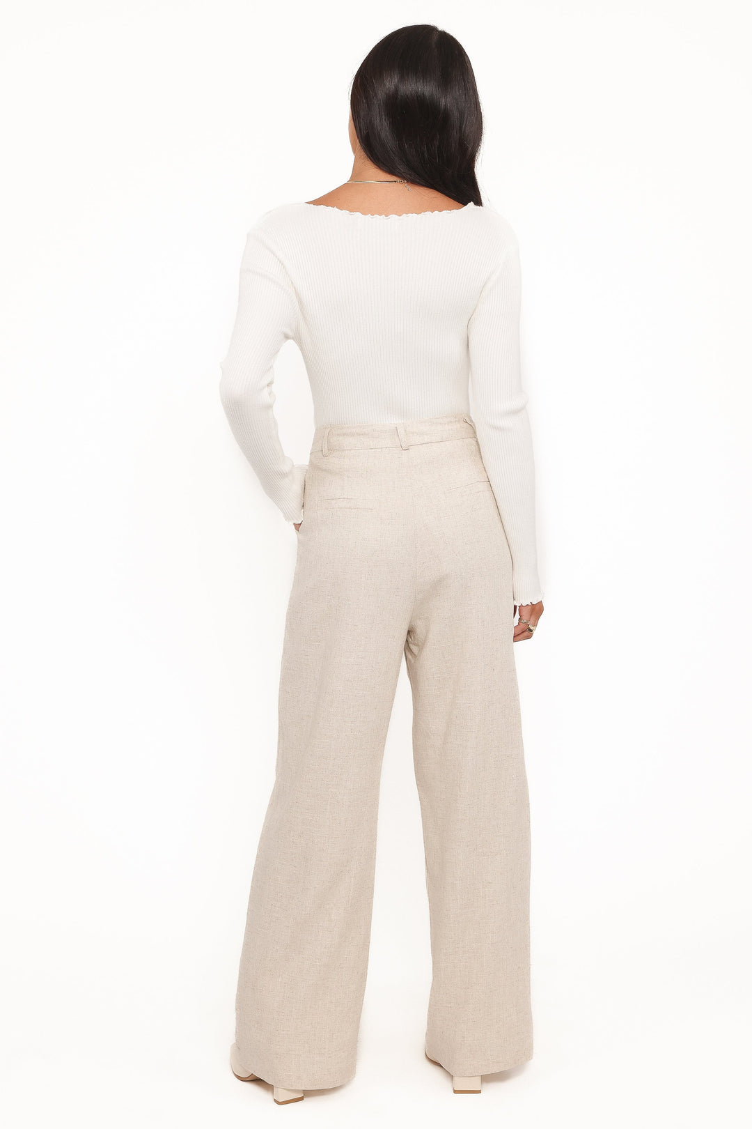 Women's High-Rise Pleated Beige Linen Pants