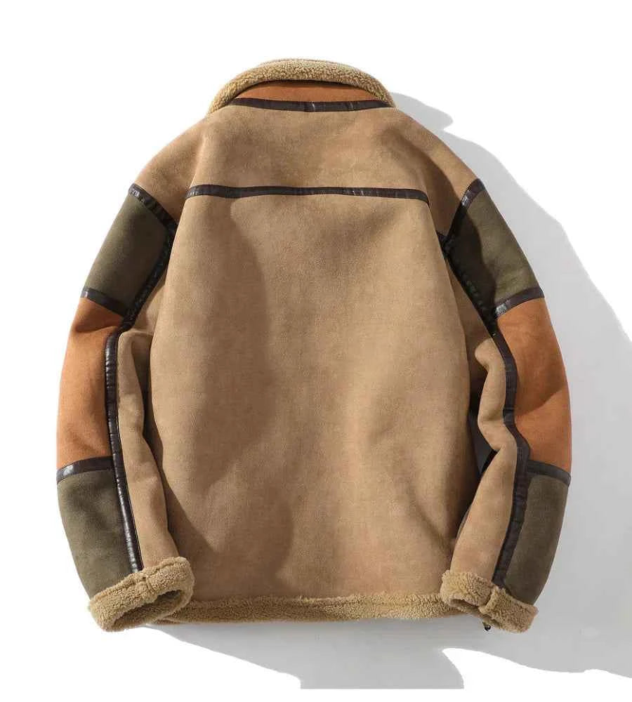 Men's Faux Suede Relaxed Fit Bomber Jacket with Shearling Trim and Color Block Design