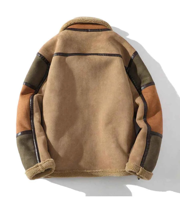 Men's Faux Suede Relaxed Fit Bomber Jacket with Shearling Trim and Color Block Design