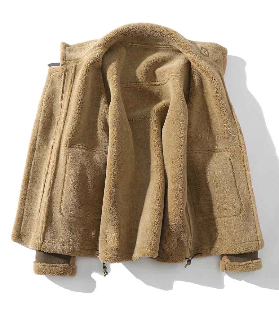 Men's Faux Suede Relaxed Fit Bomber Jacket with Shearling Trim and Color Block Design