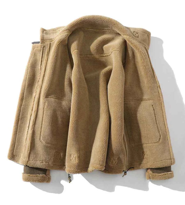 Men's Faux Suede Relaxed Fit Bomber Jacket with Shearling Trim and Color Block Design