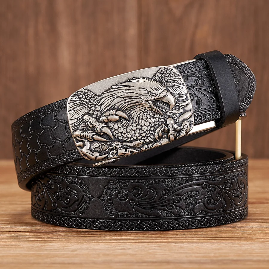 Premium Genuine Leather Belt for Men Black Silver