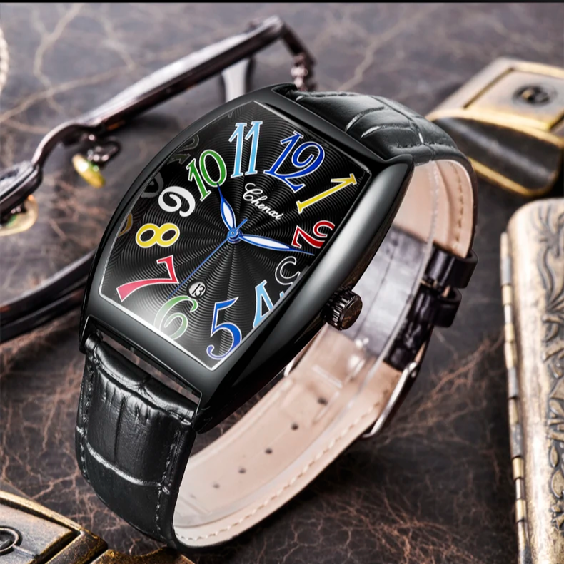 Elegant Leather Timepiece Black Multicolored