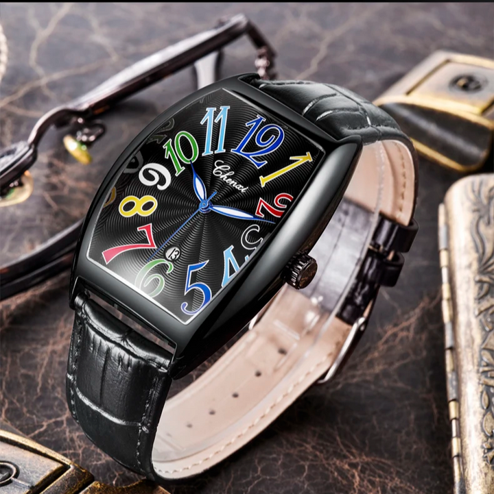 Elegant Leather Timepiece Black Multicolored