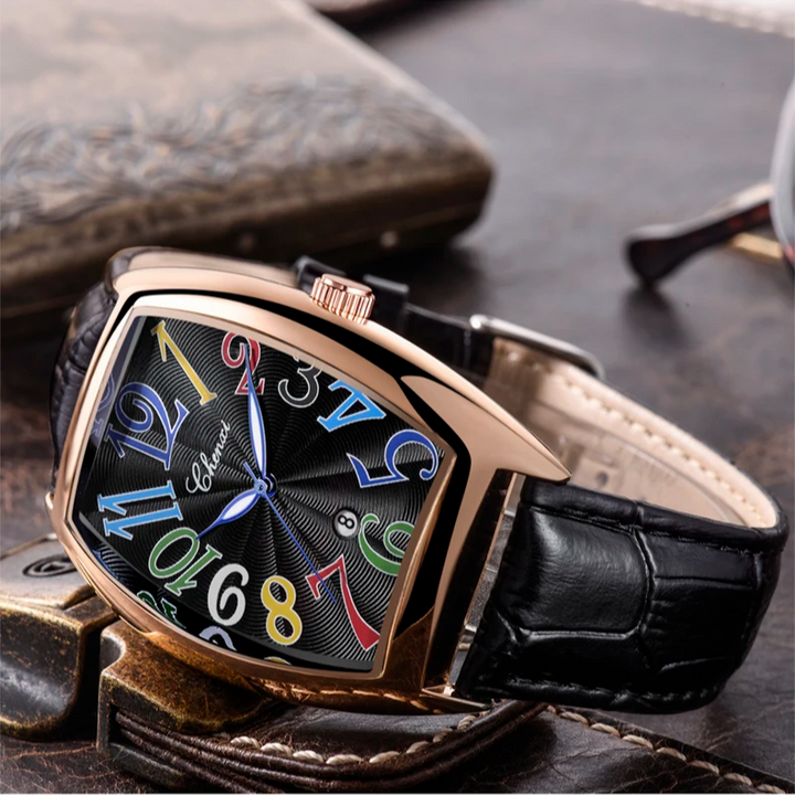 Elegant Leather Timepiece Black Gold Multicolored
