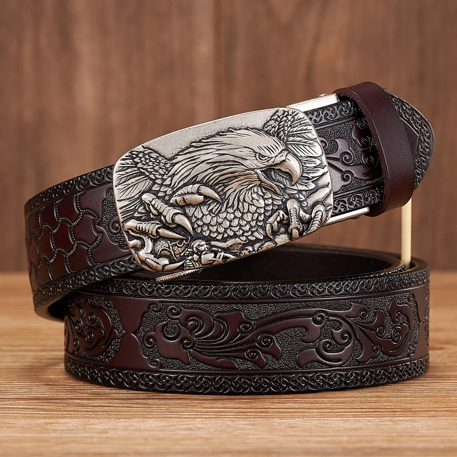 Premium Genuine Leather Belt for Men Brown Silver