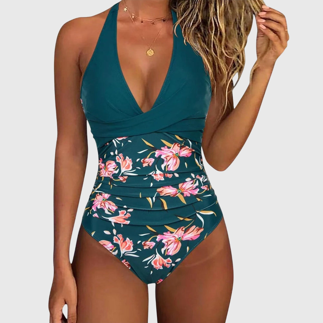 Chic Women's Swimsuit Set - Sculpted V-Neck, Tropical Print, Versatile Green