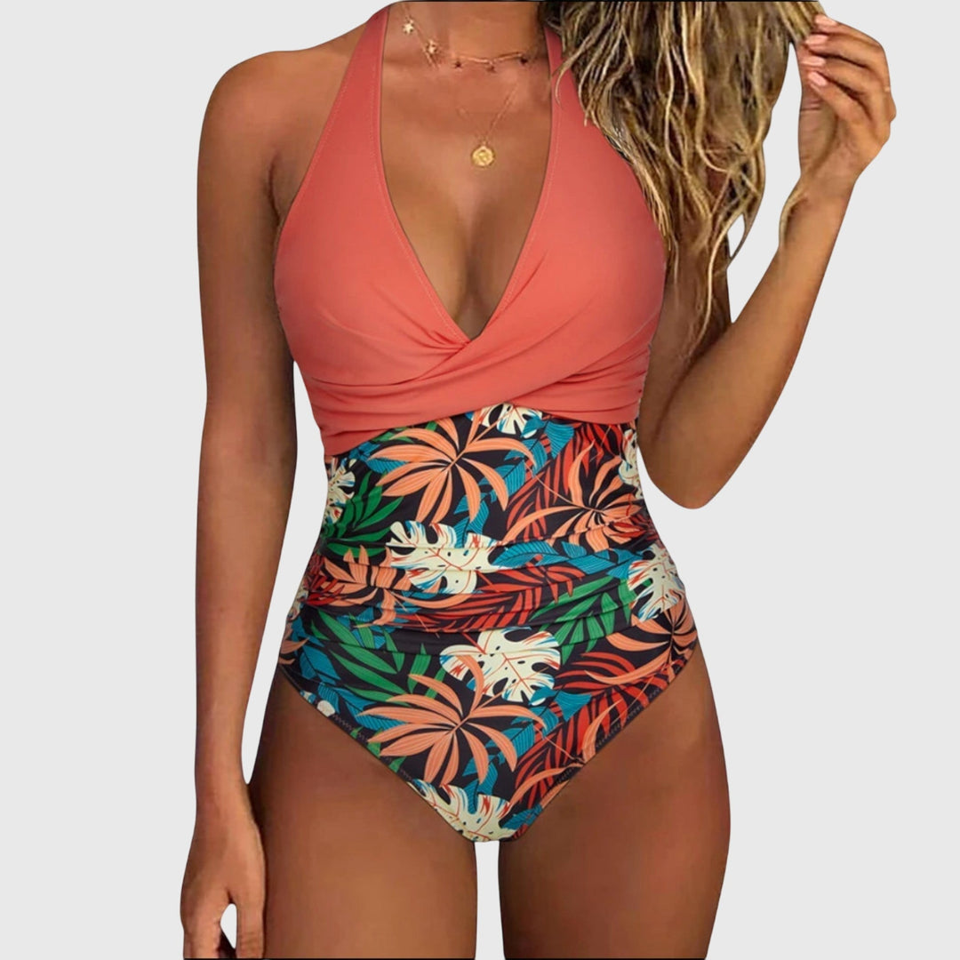 Chic Women's Swimsuit Set - Sculpted V-Neck, Tropical Print, Versatile Orange
