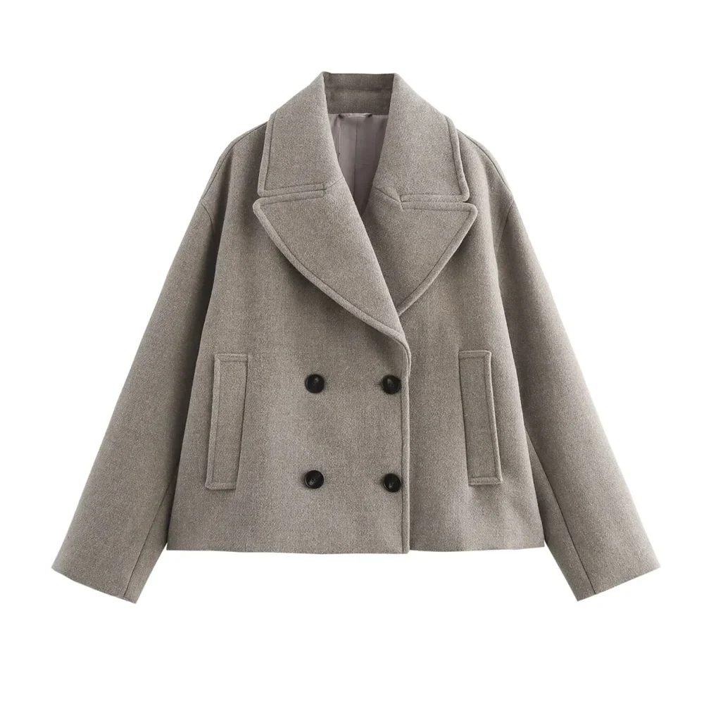 Double-Breasted Wool-Collar Women's Coat – Tailored Autumn Style Gray