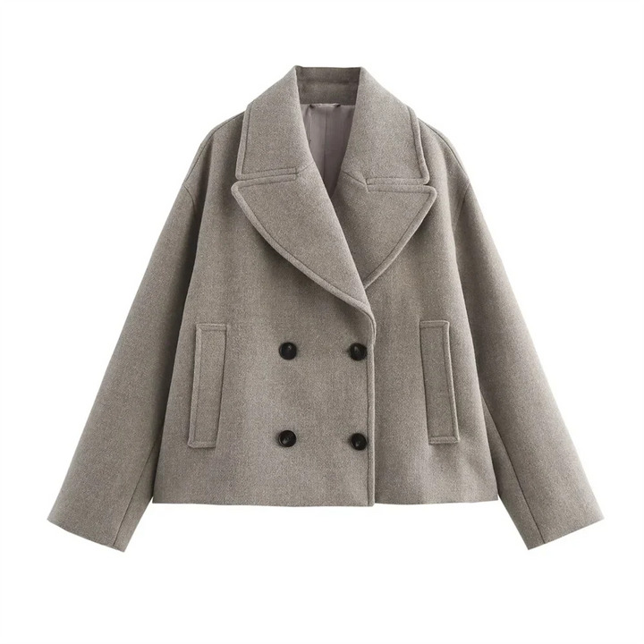 Double-Breasted Wool-Collar Women's Coat – Tailored Autumn Style Gray