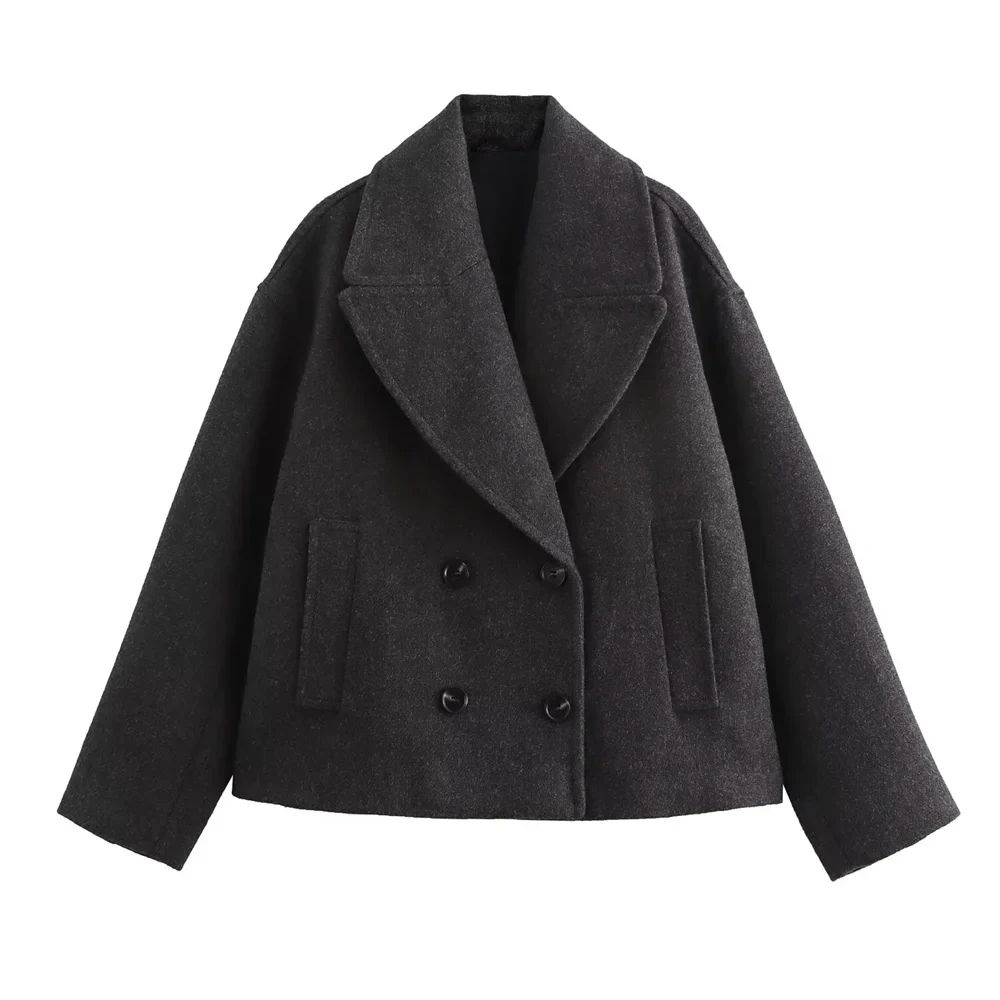 Double-Breasted Wool-Collar Women's Coat – Tailored Autumn Style Black