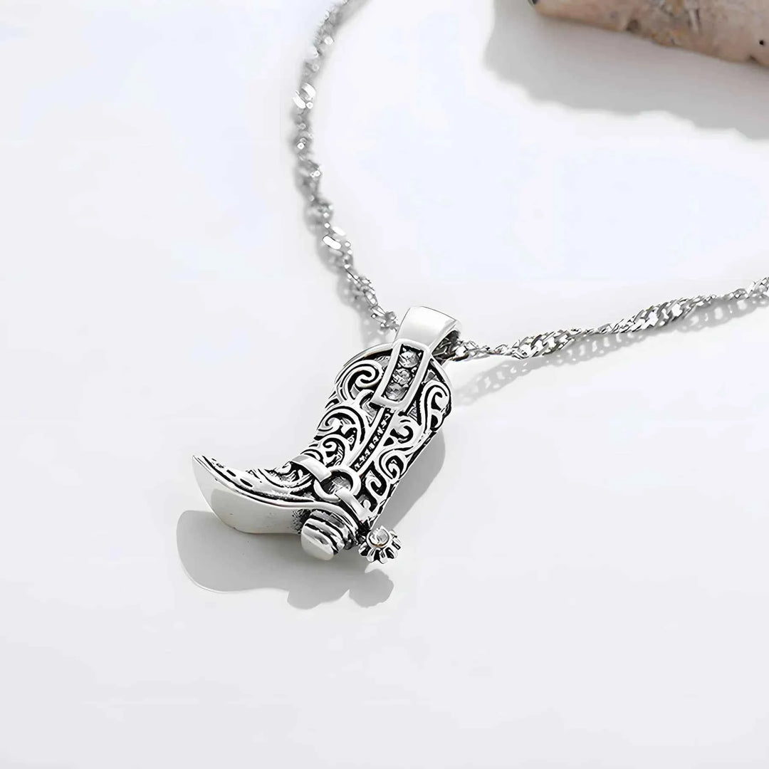 Rhinestone Cowboy Boot Charm Pendant Necklace Silver