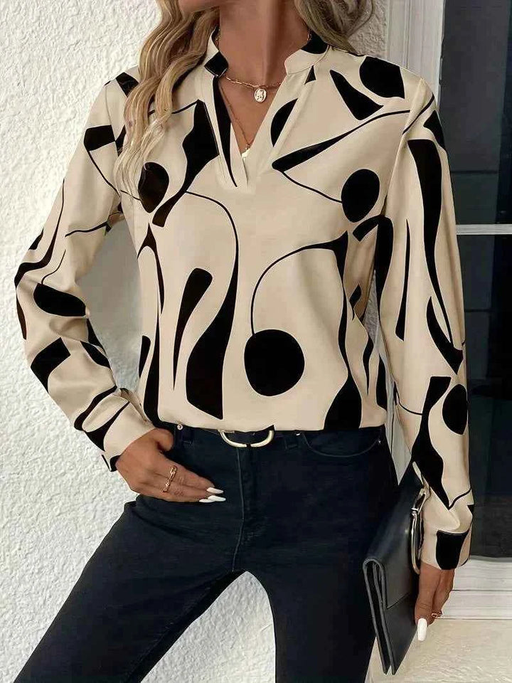 Women's V-Neck Printed Blouse - Stylish and Elegant Apricot