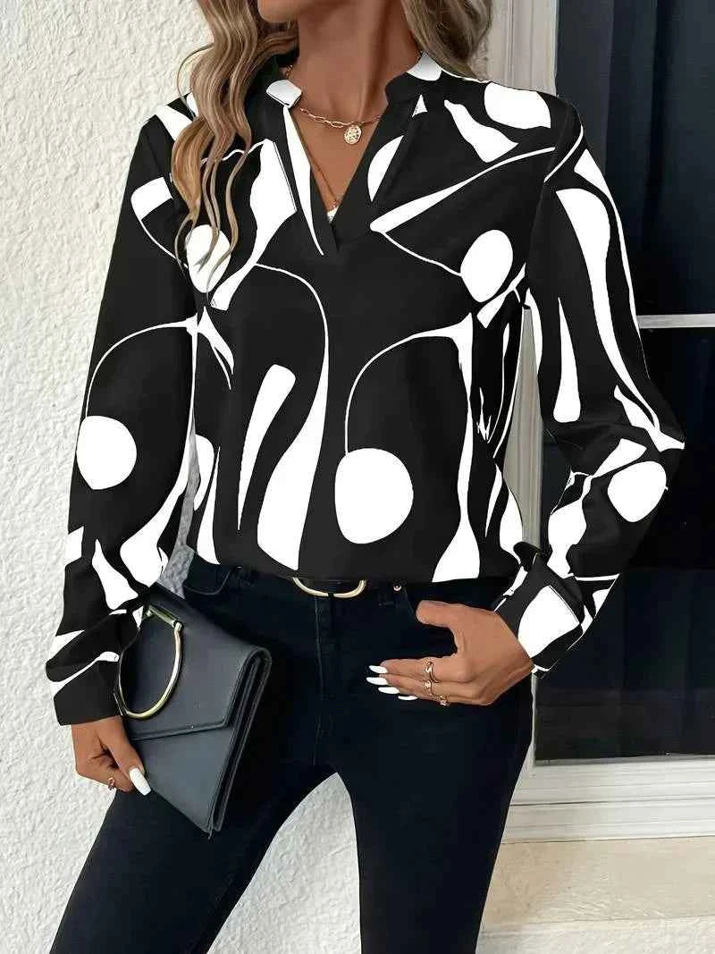 Women's V-Neck Printed Blouse - Stylish and Elegant Black
