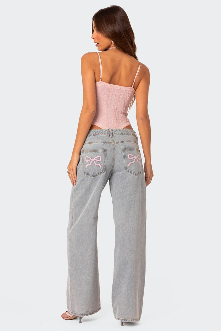 Dahna | Women's Wide Leg Denim Jeans with Pink Bow Accents