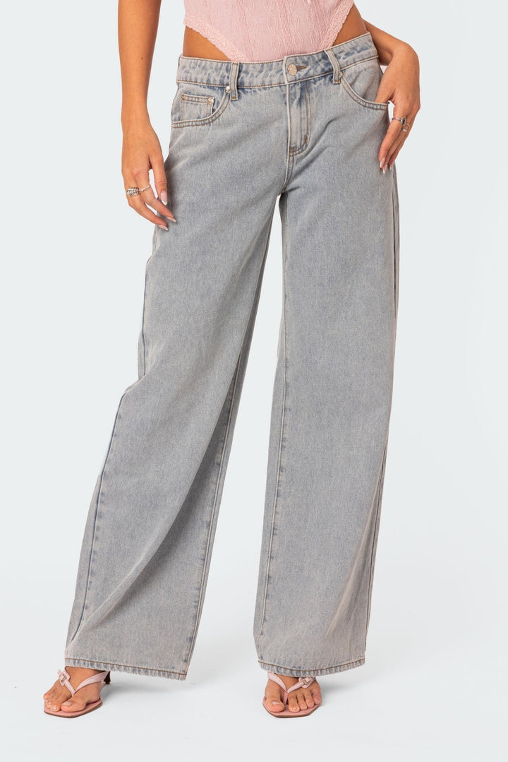 Dahna | Women's Wide Leg Denim Jeans with Pink Bow Accents Gray