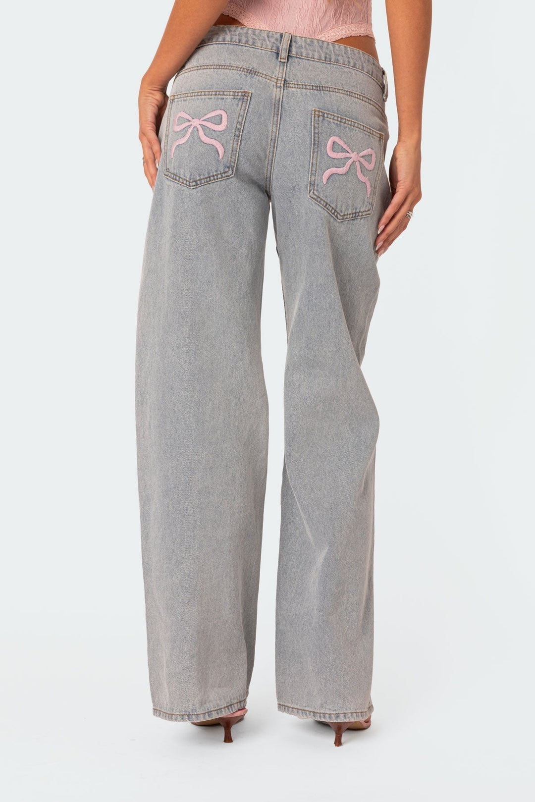 Dahna | Women's Wide Leg Denim Jeans with Pink Bow Accents