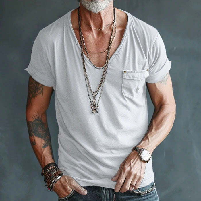 Men's Pocket Front V-neck Shirt White