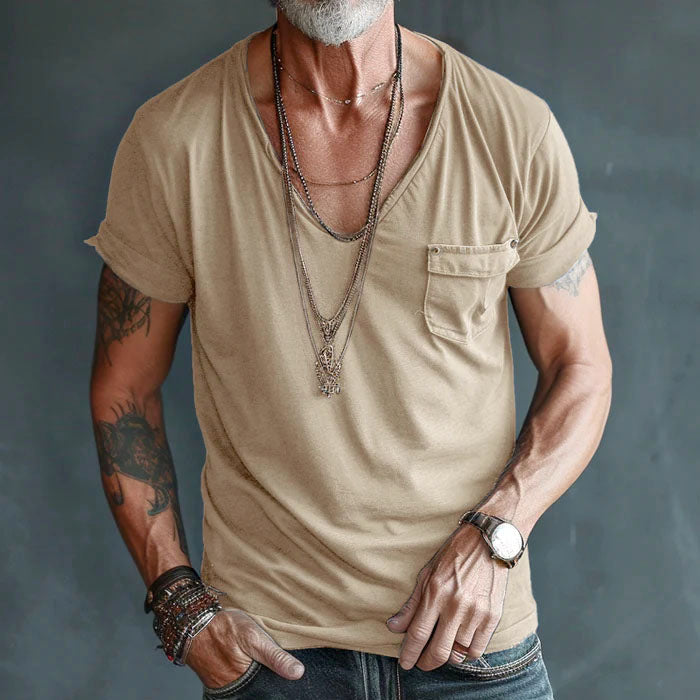 Men's Pocket Front V-neck Shirt Khaki