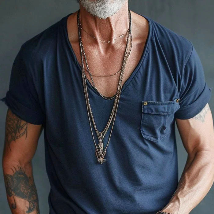Men's Pocket Front V-neck Shirt Blue