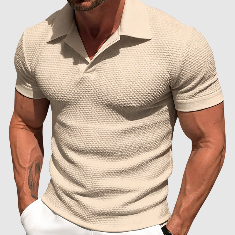 Men's Textured Short Sleeve Polo Shirt Beige