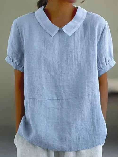 Women's Short Sleeve Collared Linen Blouse Blue