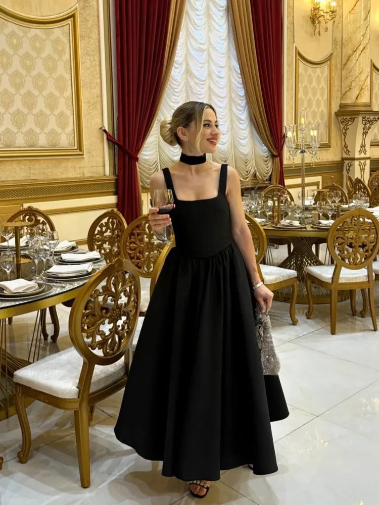 Women's A-line Midi Dress - Sleeveless with Square Neck and Elegant Waist Detail