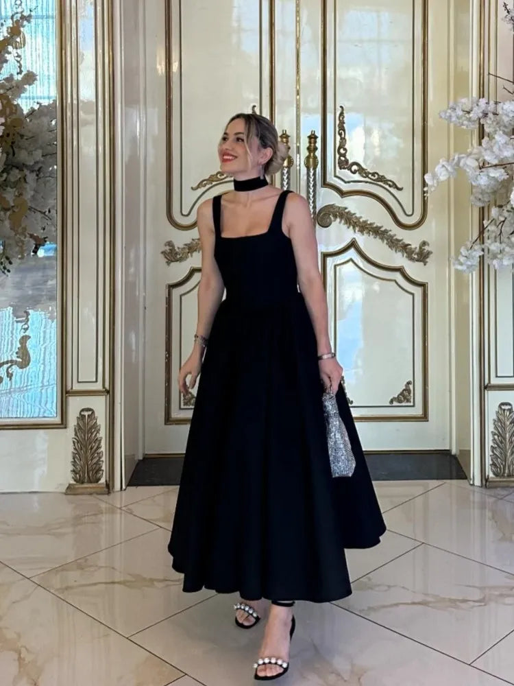 Women's A-line Midi Dress - Sleeveless with Square Neck and Elegant Waist Detail