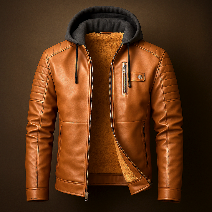 Elegant Hooded Leather Jacket for Men - Stylish & Durable Brown