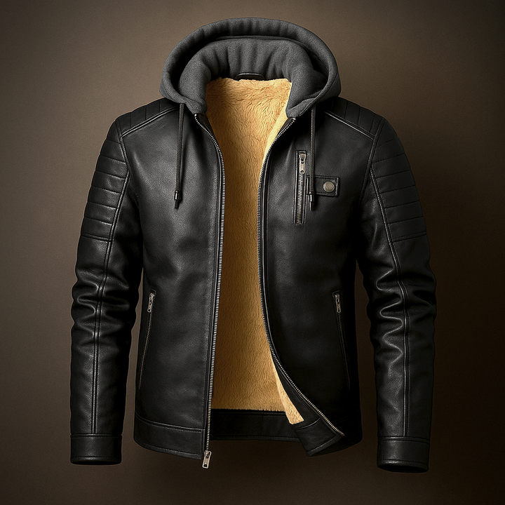 Elegant Hooded Leather Jacket for Men - Stylish & Durable Black