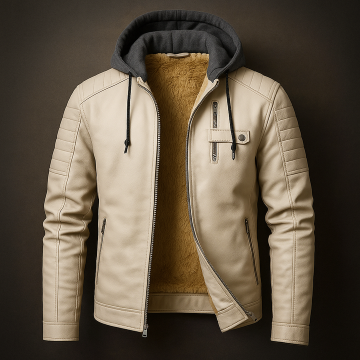 Elegant Hooded Leather Jacket for Men - Stylish & Durable Beige