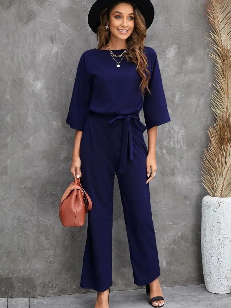 Women's Relaxed Fit Jumpsuit – Breathable Fabric – Belted – 3/4 Sleeves – Full Length Blue