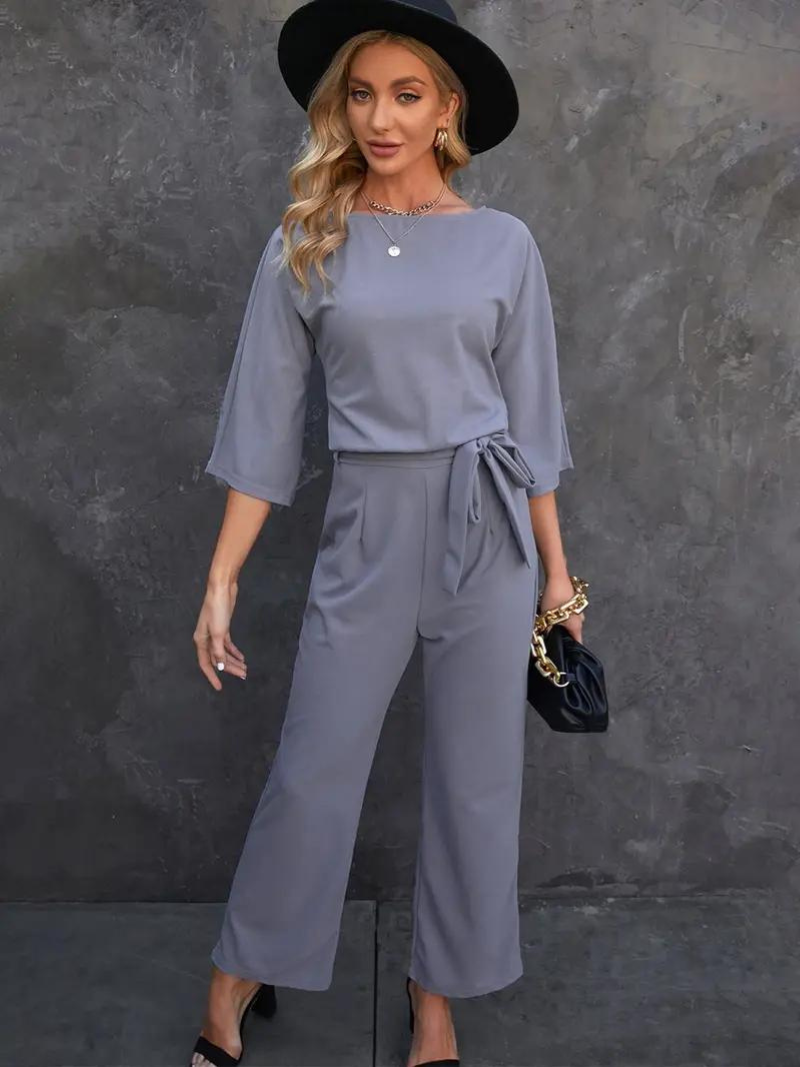 Women's Relaxed Fit Jumpsuit – Breathable Fabric – Belted – 3/4 Sleeves – Full Length Dark Grey